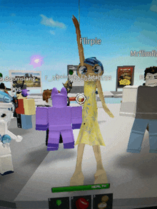 a girl in a yellow dress is standing in front of a purple bear in a video game with the name flirple on the screen