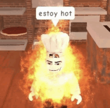 a person in a chef 's hat is surrounded by flames and a sign that says estoy hot .