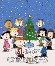 a group of peanuts characters singing merry christmas next to a christmas tree