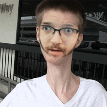 a man with glasses and a fake mustache is standing in front of a building that says way