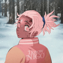 a girl with pink hair is wearing a pink jacket that says i know nigo