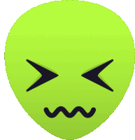 a green alien face with black eyes and a slight curve in the mouth