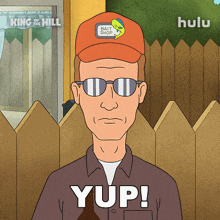 a cartoon of a man wearing sunglasses and a hat that says yup