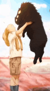 a bald man is holding a large black dog in his arms .