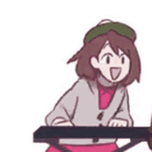 a cartoon girl is playing a keyboard with a green hat .