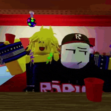 a couple of roblox characters are sitting at a table with a red cup in front of them .