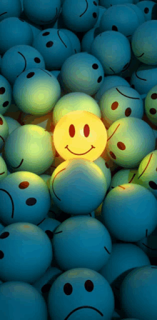 a yellow smiley face is surrounded by blue smiley faces with sad faces