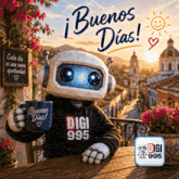 a robot is sitting at a table holding a cup of coffee and wearing a digi 995 sweatshirt