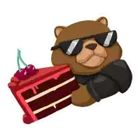 a bear wearing sunglasses holds a slice of cake