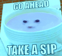 a sign that says go ahead take a sip with a bowl of soup