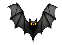 a black bat with orange eyes is flying in the air on a white background