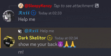 a screenshot of a conversation between sleepykenzy and rxii