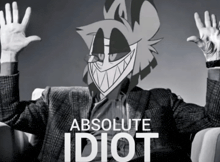 a black and white photo of a man with the words absolute idiot