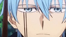 a close up of a person 's face with a blue haired anime character .