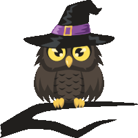 an owl wearing a witch hat is perched on a branch