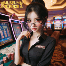 a woman in a black shirt with the word casino on her chest