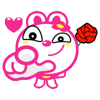 a pink and white cartoon character is holding a rose