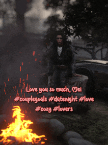 a woman sits on a stump in front of a fire with the words love you so much