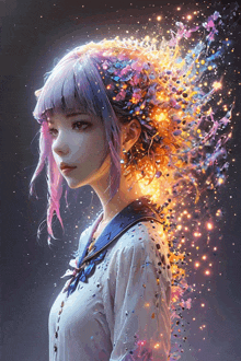 a painting of a girl with purple hair and flowers coming out of her hair