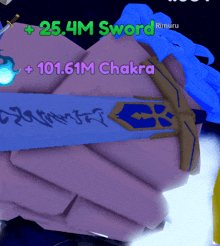 a video game character has a 25.4m sword and a 101.6m chakra