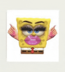 a spongebob squarepants cartoon character with pink lips and fake eyelashes .