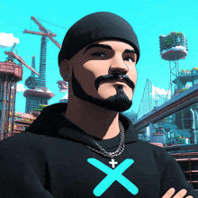 a man with a beard wearing a black hoodie with a blue x on it