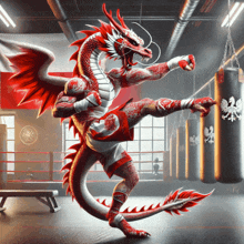 a dragon is kicking a punching bag in a gym