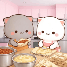 two cartoon cats cooking in a kitchen with peachu27 written on the bottom