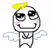 a cartoon character with wings and a halo on his head is smiling .