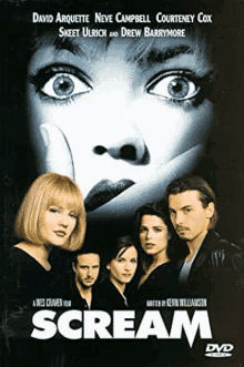 scream movie poster with a woman 's face and a group of people .