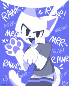 a cartoon drawing of a cat with the word rawr written around it