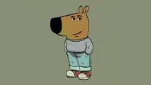 a cartoon kangaroo is wearing a sweater and jeans .