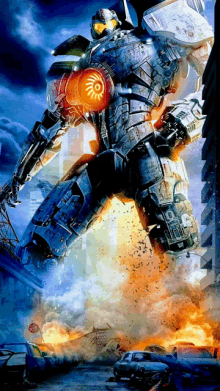 a movie poster for pacific rim shows a giant robot