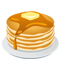 a stack of pancakes with syrup and butter on a white plate