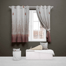 a window with a white curtain and a gray curtain with leaves on it