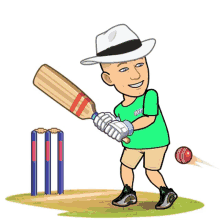 a cartoon of a man playing cricket with a hat and a shirt that says hyp