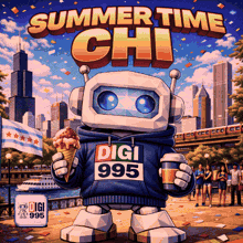 an illustration of a robot holding an ice cream cone and a coffee cup with the words summer time chi
