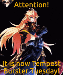 a poster that says attention it is now tempest burst tuesday