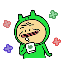 a cartoon character in a green frog costume holds a cup