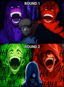 a group of anime characters laughing with round 1 and round 2 written below them