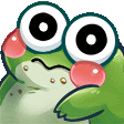 a green frog with big eyes and a red cheek is making a funny face .