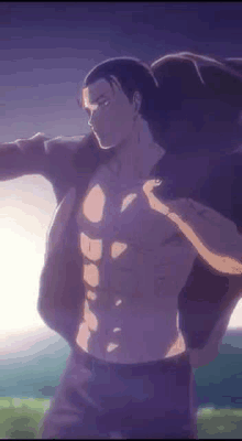 a shirtless anime character is standing in a field .