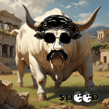 a painting of a bull wearing sunglasses and a mustache with the words $dcd below it