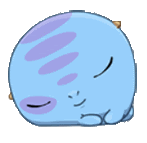 a blue and purple cartoon character is sleeping on its back .