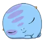 a blue and purple cartoon character is sleeping on its back .