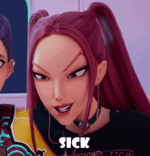 a close up of a cartoon character with the word sick on her face