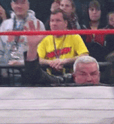 a man in a yellow shirt with the word wwe on it sits in a crowd