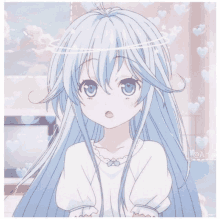 a girl with long blue hair and a white halo on her head