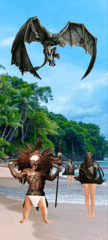 a group of people standing on a beach with a dragon flying over them