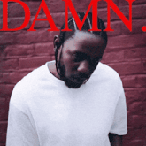 a man in a white shirt is standing in front of a red brick wall with the word damn in red